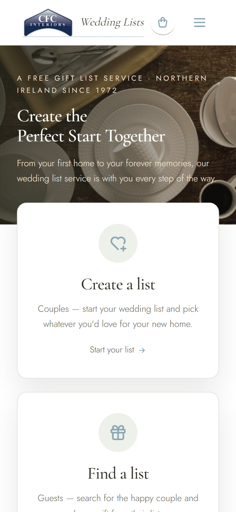 The CFC Wedding Lists homepage as it appears today, on a phone