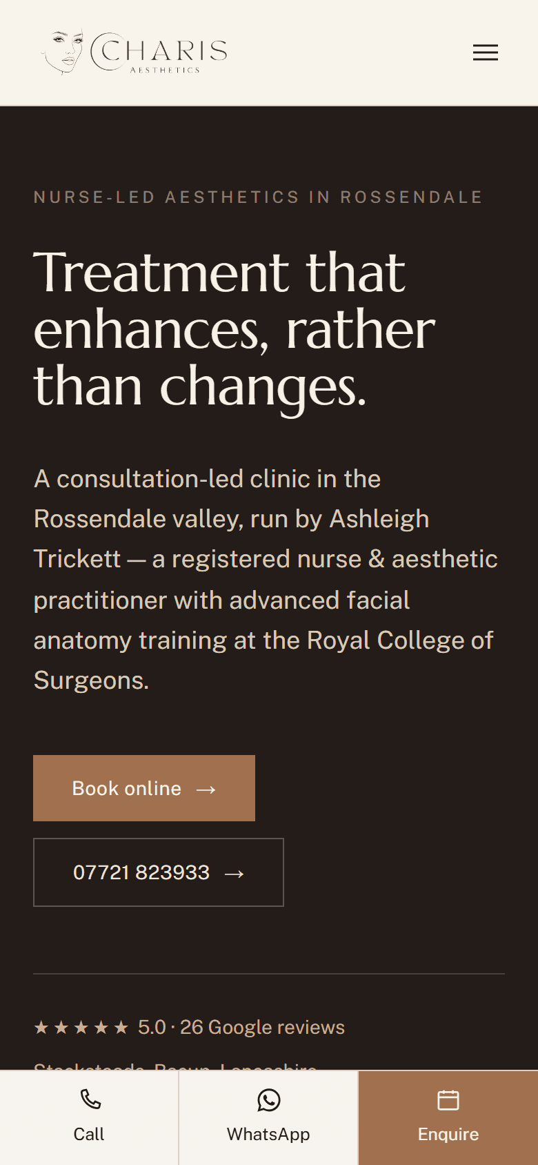 The Charis Aesthetics homepage as it appears today, on a phone
