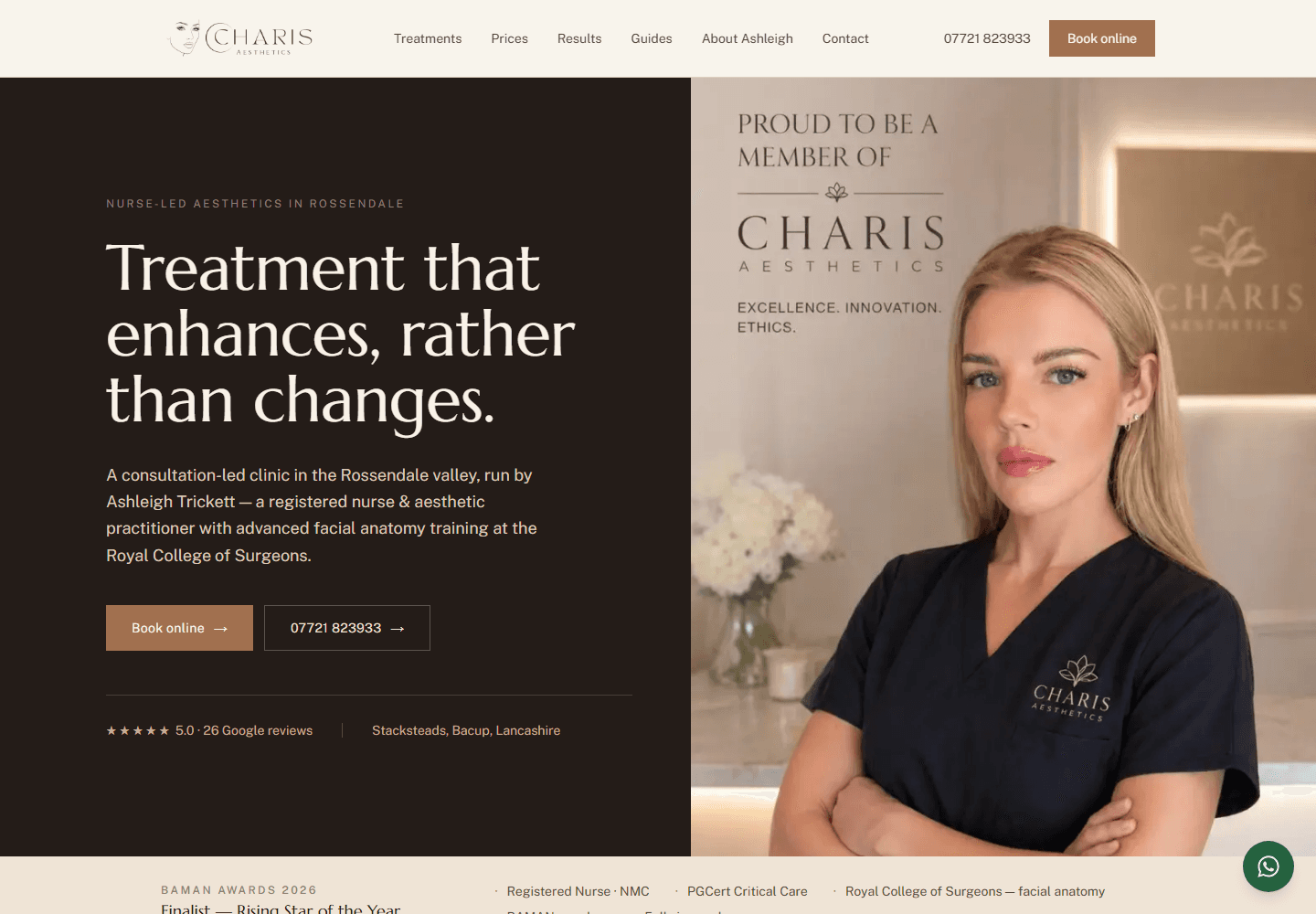The Charis Aesthetics homepage as it appears today