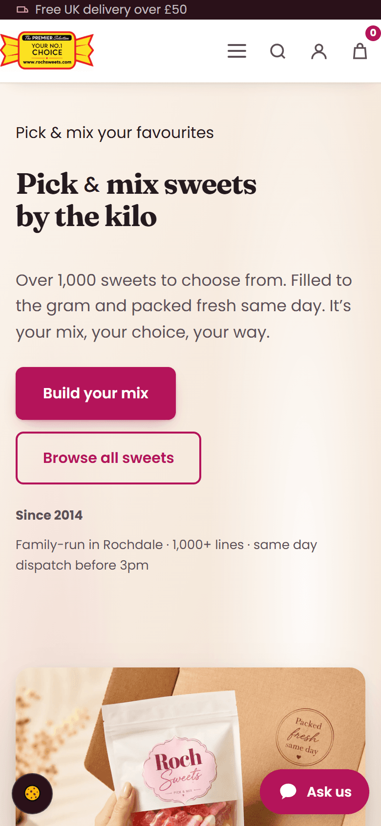 The Roch Sweets homepage as it appears today, on a phone